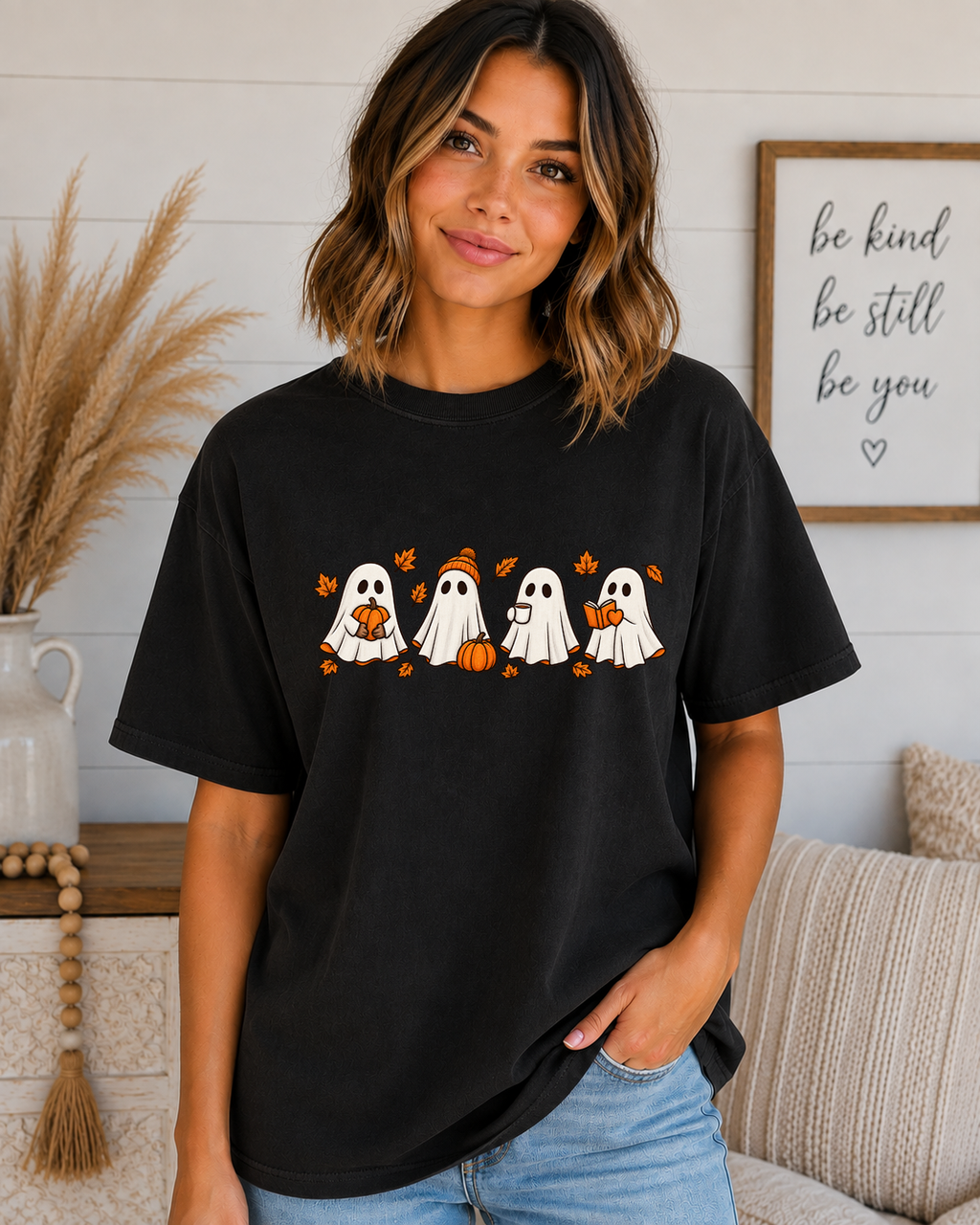 Cute Fall Ghosts Comfort Colors T-Shirt – Pumpkin Coffee & Book Ghost Graphic Tee, Cozy Spooky Season Halloween Shirt