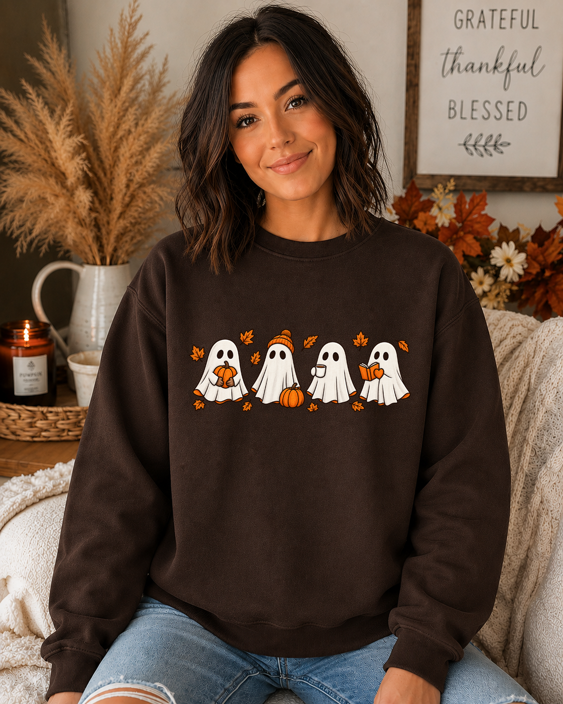 Cute Fall Ghosts Halloween Sweatshirt – Cozy Ghost Pumpkin Coffee & Book Graphic Crewneck, Spooky Season Fall Sweatshirt