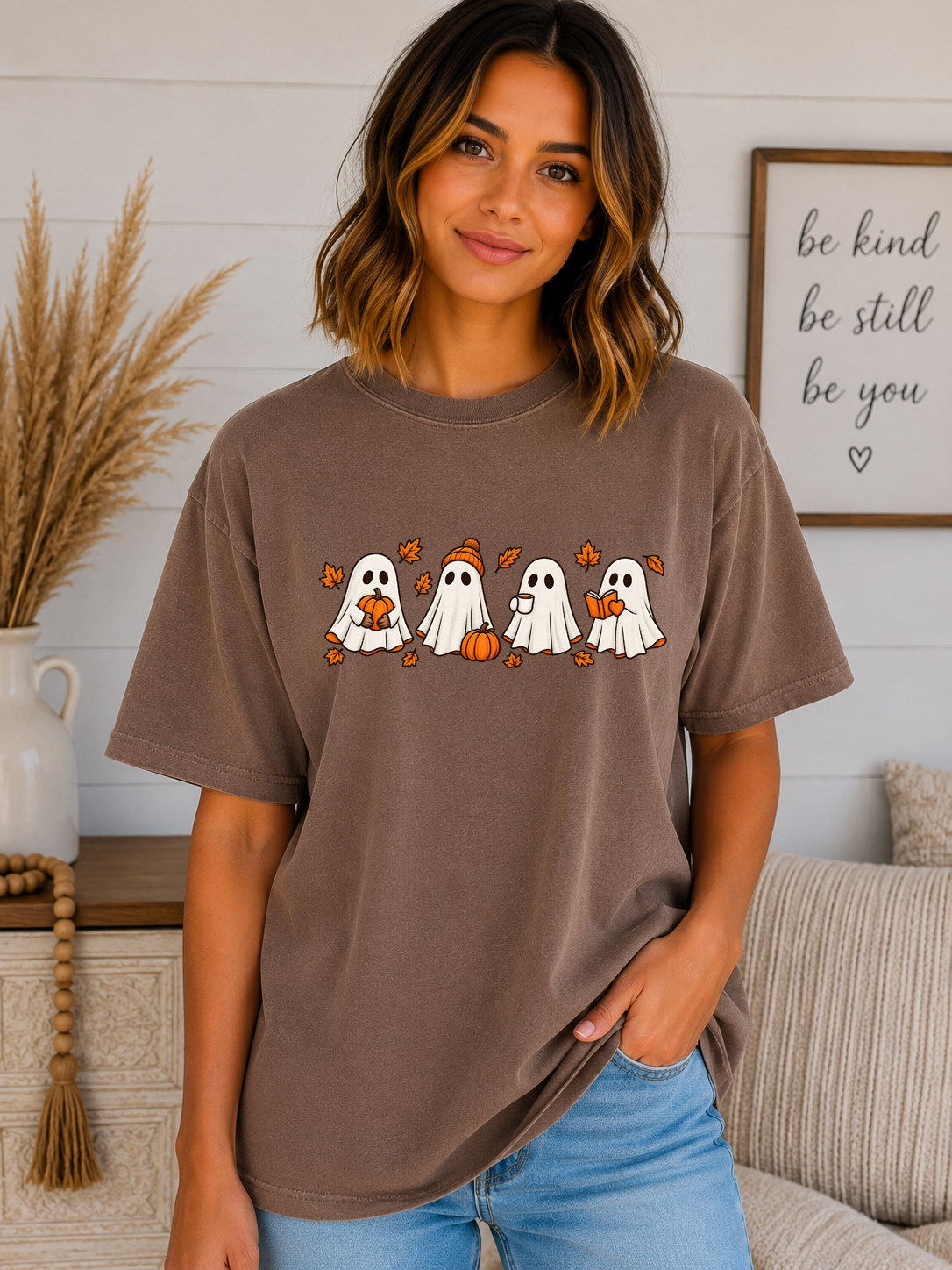 Cute Fall Ghosts Comfort Colors T-Shirt – Pumpkin Coffee & Book Ghost Graphic Tee, Cozy Spooky Season Halloween Shirt