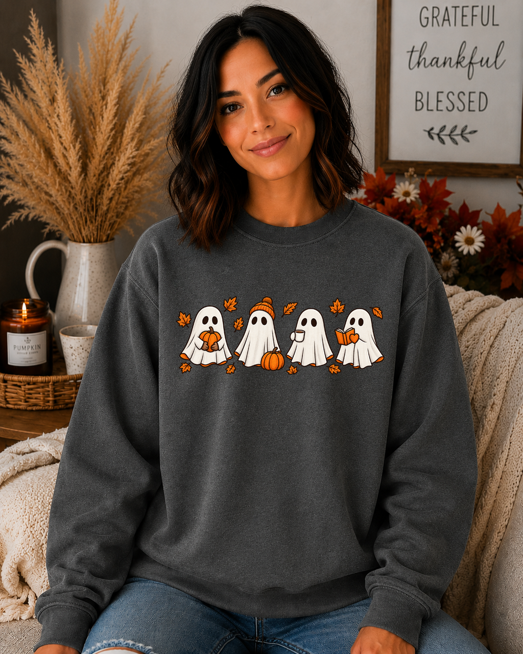 Cute Fall Ghosts Halloween Sweatshirt – Cozy Ghost Pumpkin Coffee & Book Graphic Crewneck, Spooky Season Fall Sweatshirt