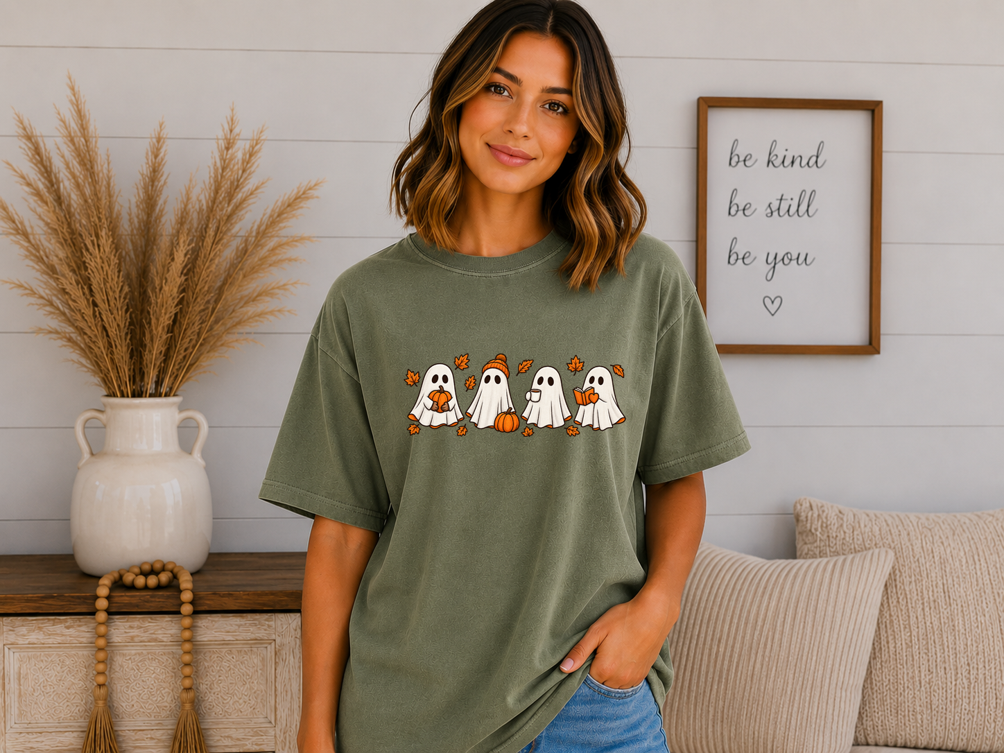 Cute Fall Ghosts Comfort Colors T-Shirt – Pumpkin Coffee & Book Ghost Graphic Tee, Cozy Spooky Season Halloween Shirt