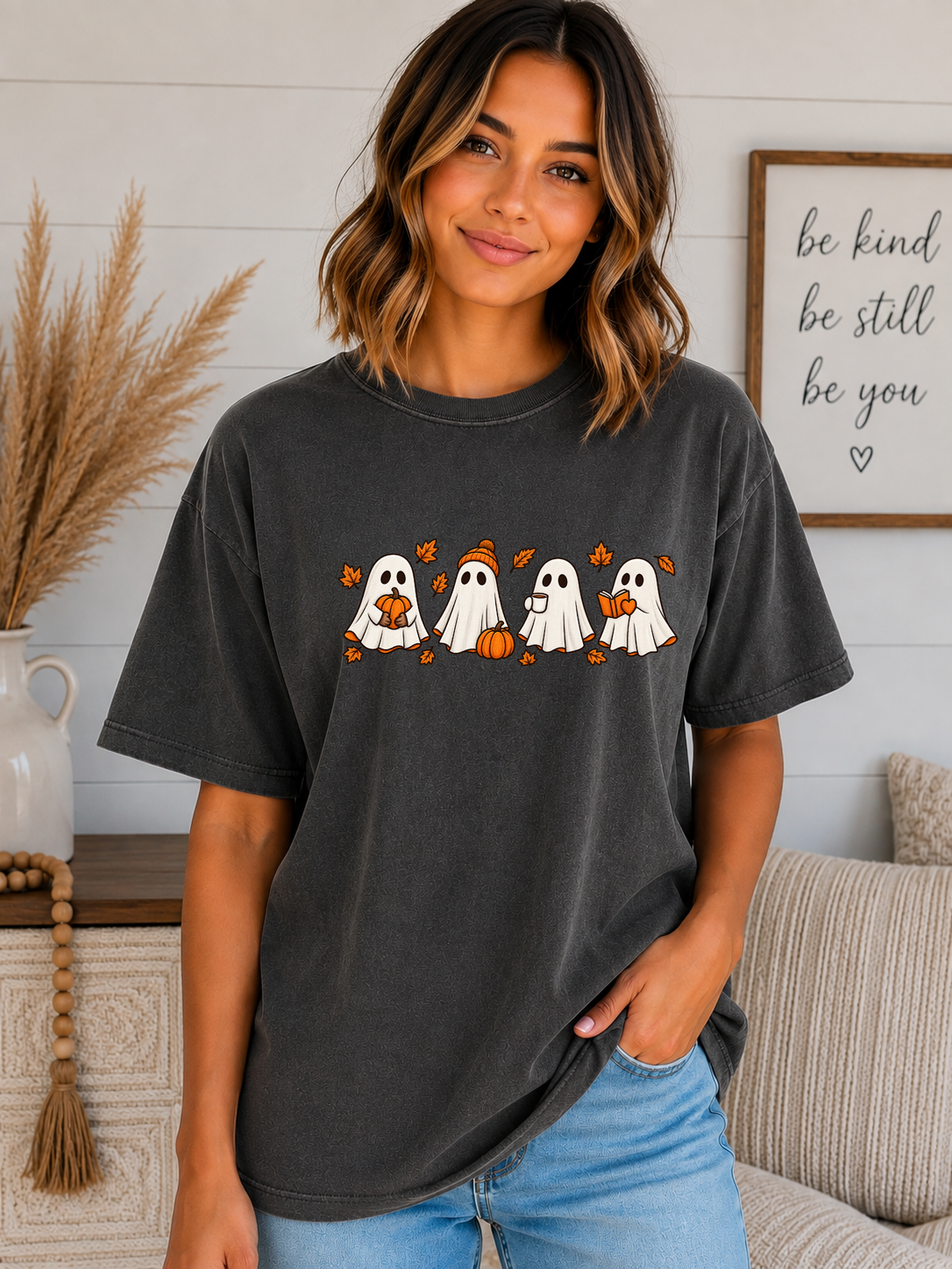 Cute Fall Ghosts Comfort Colors T-Shirt – Pumpkin Coffee & Book Ghost Graphic Tee, Cozy Spooky Season Halloween Shirt