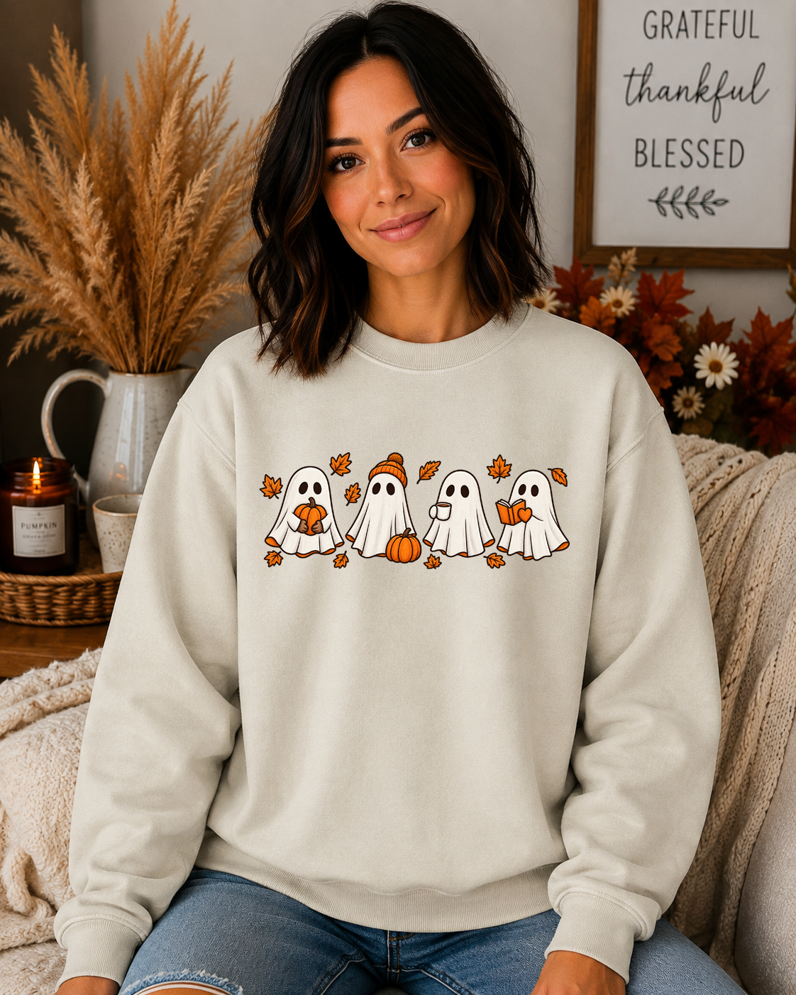 Cute Fall Ghosts Halloween Sweatshirt – Cozy Ghost Pumpkin Coffee & Book Graphic Crewneck, Spooky Season Fall Sweatshirt