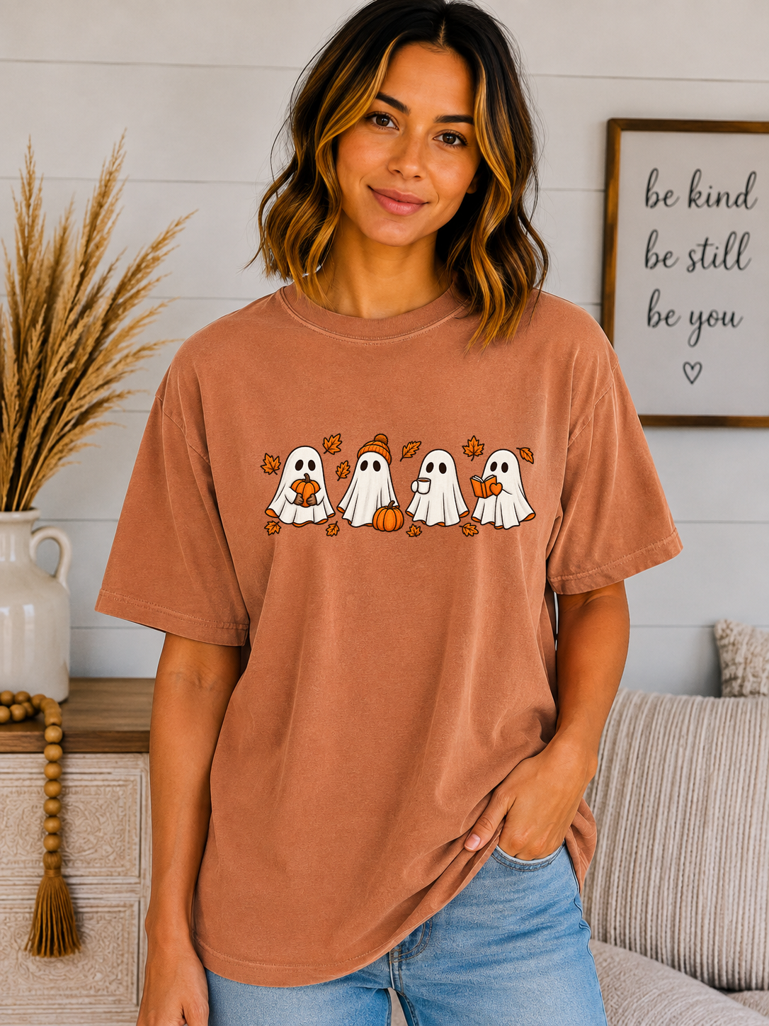 Cute Fall Ghosts Comfort Colors T-Shirt – Pumpkin Coffee & Book Ghost Graphic Tee, Cozy Spooky Season Halloween Shirt