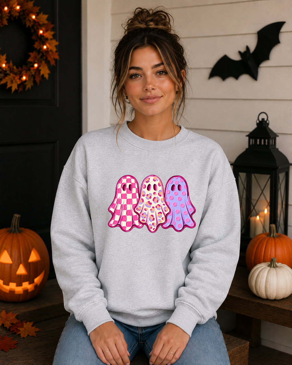 Cute Pink Ghost Halloween Sweatshirt – Girly Spooky Season Crewneck – Checkered Leopard & Polka Dot Ghost Shirt – Trendy Halloween Graphic Sweatshirt