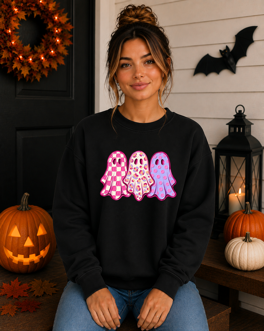 Cute Pink Ghost Halloween Sweatshirt – Girly Spooky Season Crewneck – Checkered Leopard & Polka Dot Ghost Shirt – Trendy Halloween Graphic Sweatshirt