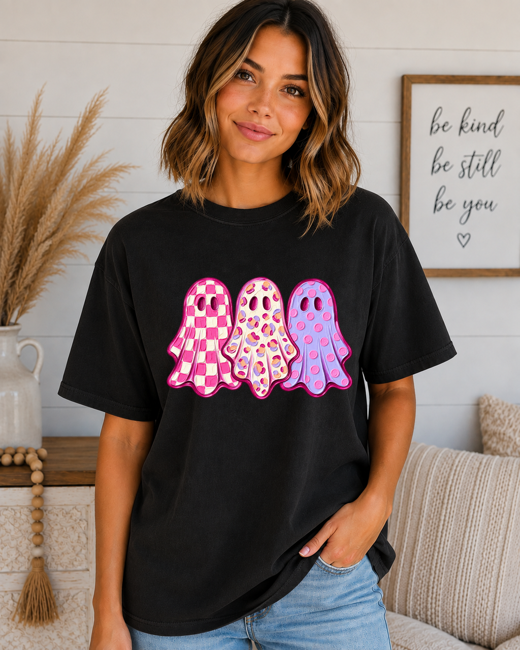 Cute Pink Ghost Halloween T-Shirt – Girly Spooky Season Comfort Colors Tee – Checkered Leopard & Polka Dot Ghost Shirt – Trendy Halloween Graphic Tee