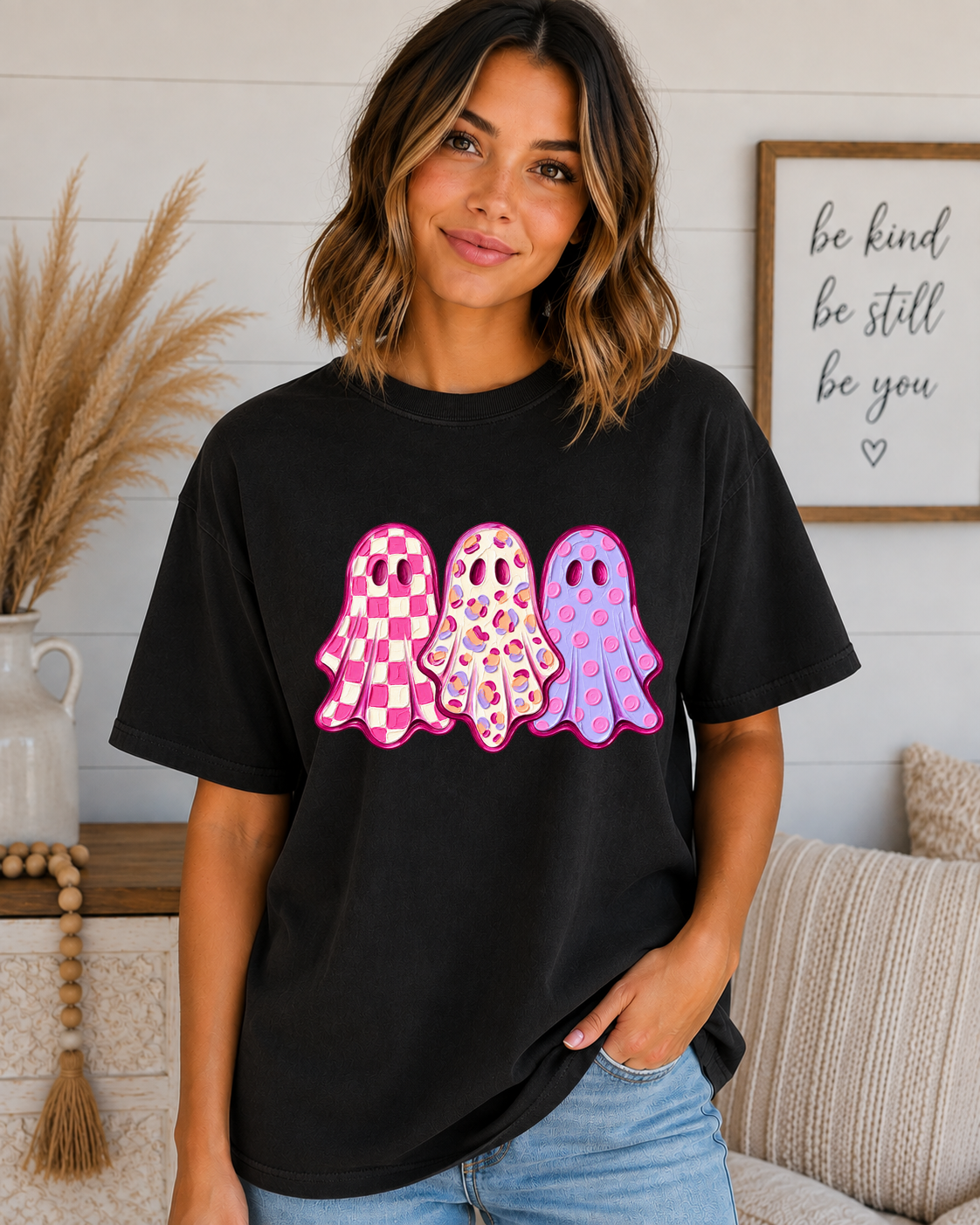 Cute Pink Ghost Halloween T-Shirt – Girly Spooky Season Comfort Colors Tee – Checkered Leopard & Polka Dot Ghost Shirt – Trendy Halloween Graphic Tee