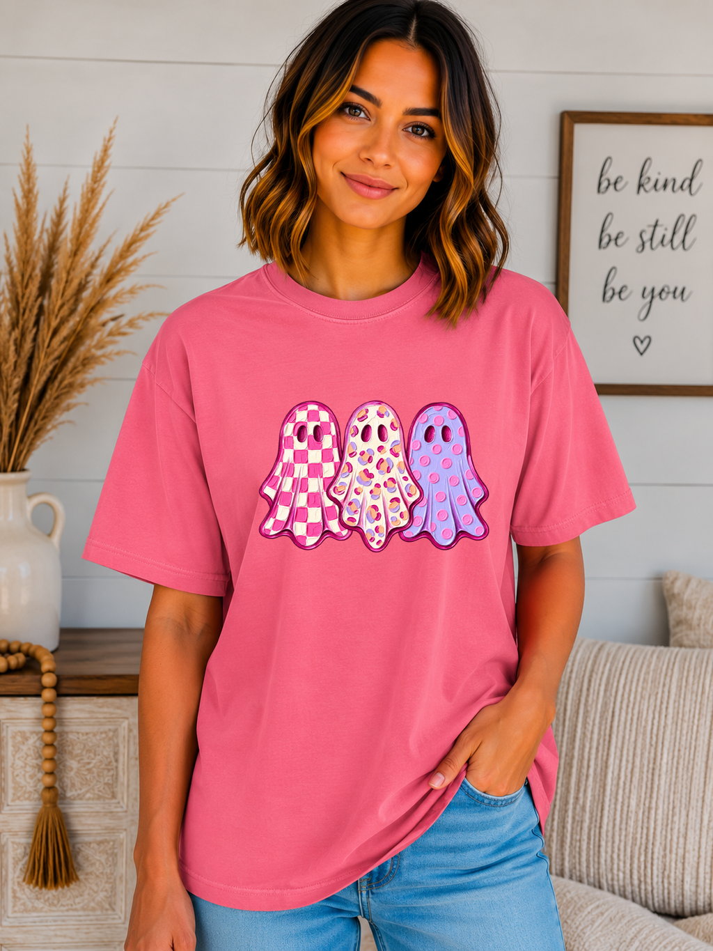Cute Pink Ghost Halloween T-Shirt – Girly Spooky Season Comfort Colors Tee – Checkered Leopard & Polka Dot Ghost Shirt – Trendy Halloween Graphic Tee