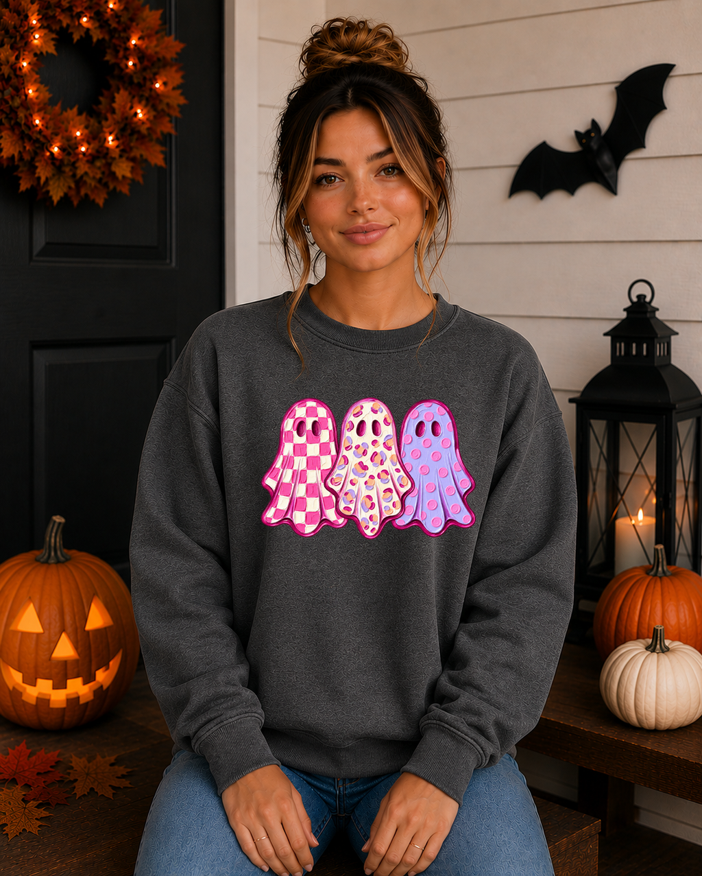 Cute Pink Ghost Halloween Sweatshirt – Girly Spooky Season Crewneck – Checkered Leopard & Polka Dot Ghost Shirt – Trendy Halloween Graphic Sweatshirt