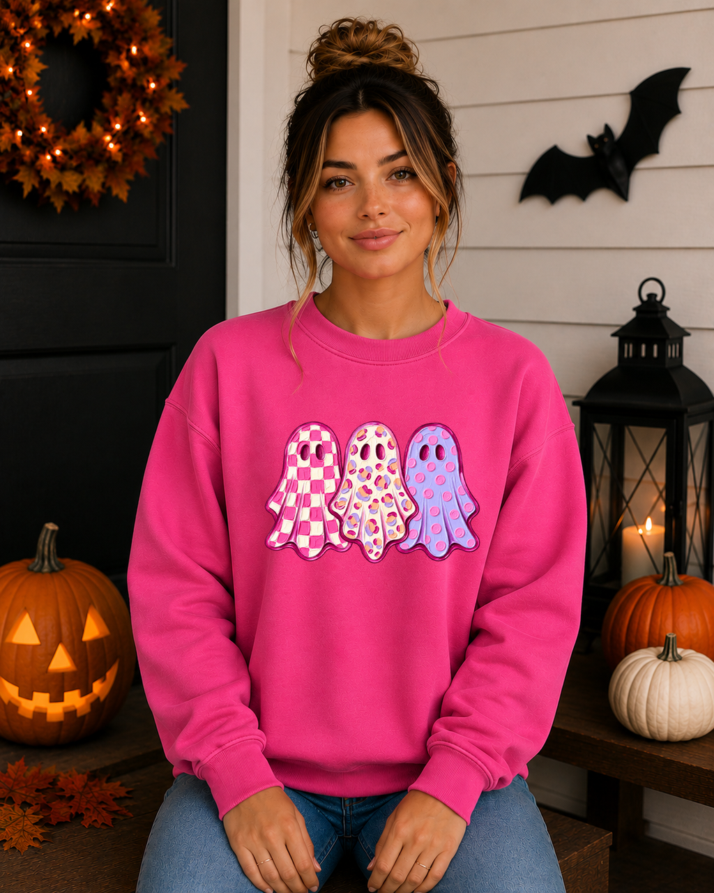 Cute Pink Ghost Halloween Sweatshirt – Girly Spooky Season Crewneck – Checkered Leopard & Polka Dot Ghost Shirt – Trendy Halloween Graphic Sweatshirt
