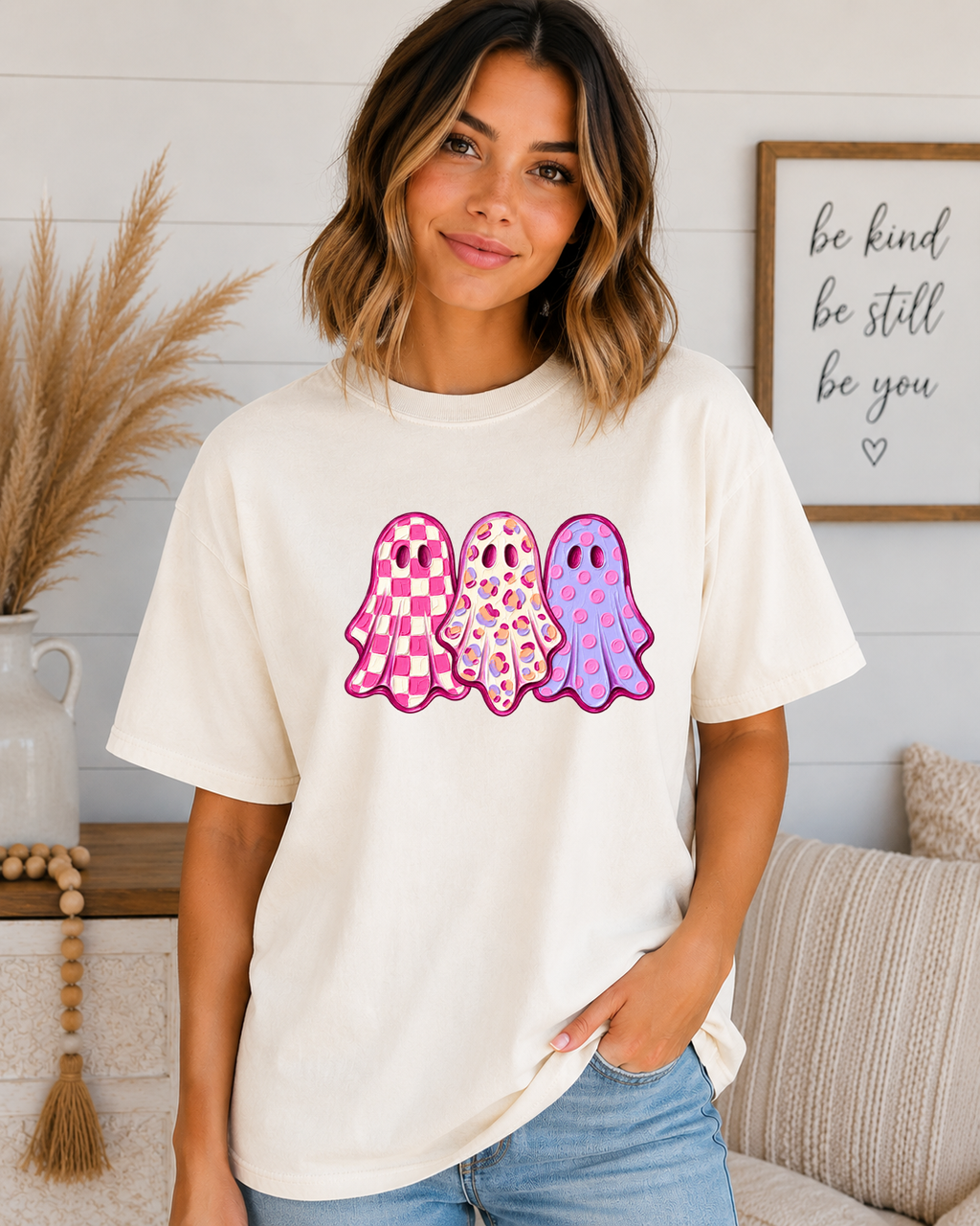 Cute Pink Ghost Halloween T-Shirt – Girly Spooky Season Comfort Colors Tee – Checkered Leopard & Polka Dot Ghost Shirt – Trendy Halloween Graphic Tee