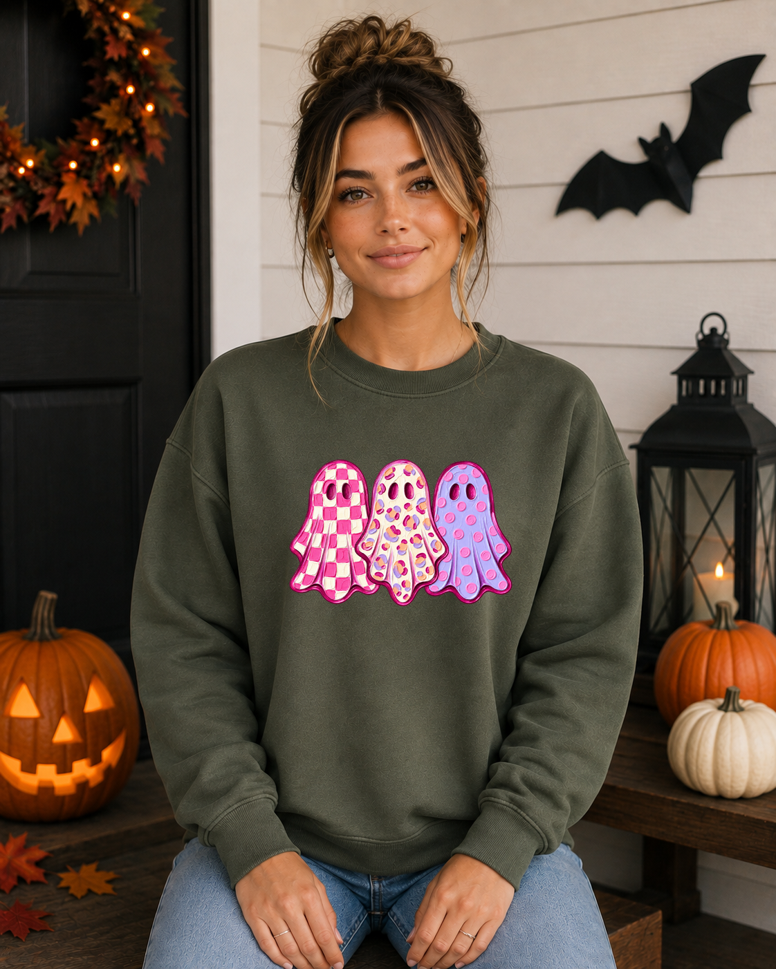 Cute Pink Ghost Halloween Sweatshirt – Girly Spooky Season Crewneck – Checkered Leopard & Polka Dot Ghost Shirt – Trendy Halloween Graphic Sweatshirt