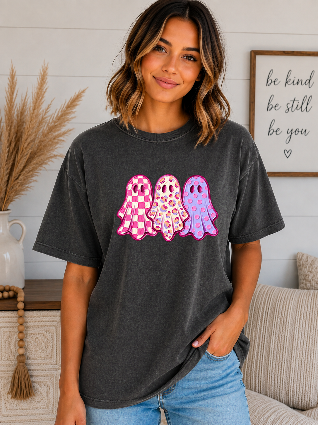 Cute Pink Ghost Halloween T-Shirt – Girly Spooky Season Comfort Colors Tee – Checkered Leopard & Polka Dot Ghost Shirt – Trendy Halloween Graphic Tee