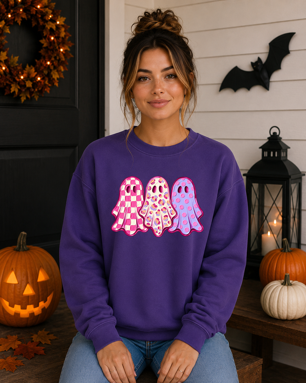 Cute Pink Ghost Halloween Sweatshirt – Girly Spooky Season Crewneck – Checkered Leopard & Polka Dot Ghost Shirt – Trendy Halloween Graphic Sweatshirt