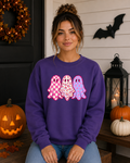 Cute Pink Ghost Halloween Sweatshirt – Girly Spooky Season Crewneck – Checkered Leopard & Polka Dot Ghost Shirt – Trendy Halloween Graphic Sweatshirt