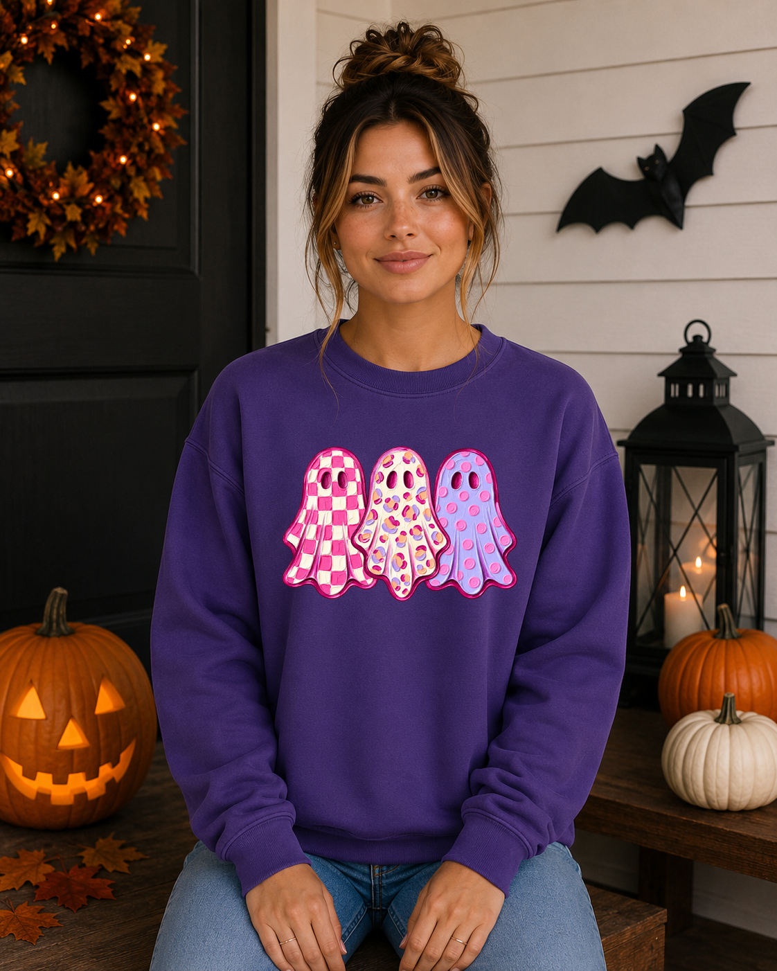Cute Pink Ghost Halloween Sweatshirt – Girly Spooky Season Crewneck – Checkered Leopard & Polka Dot Ghost Shirt – Trendy Halloween Graphic Sweatshirt