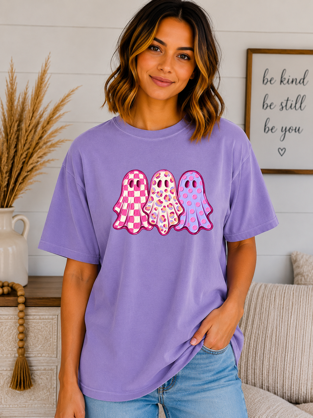 Cute Pink Ghost Halloween T-Shirt – Girly Spooky Season Comfort Colors Tee – Checkered Leopard & Polka Dot Ghost Shirt – Trendy Halloween Graphic Tee