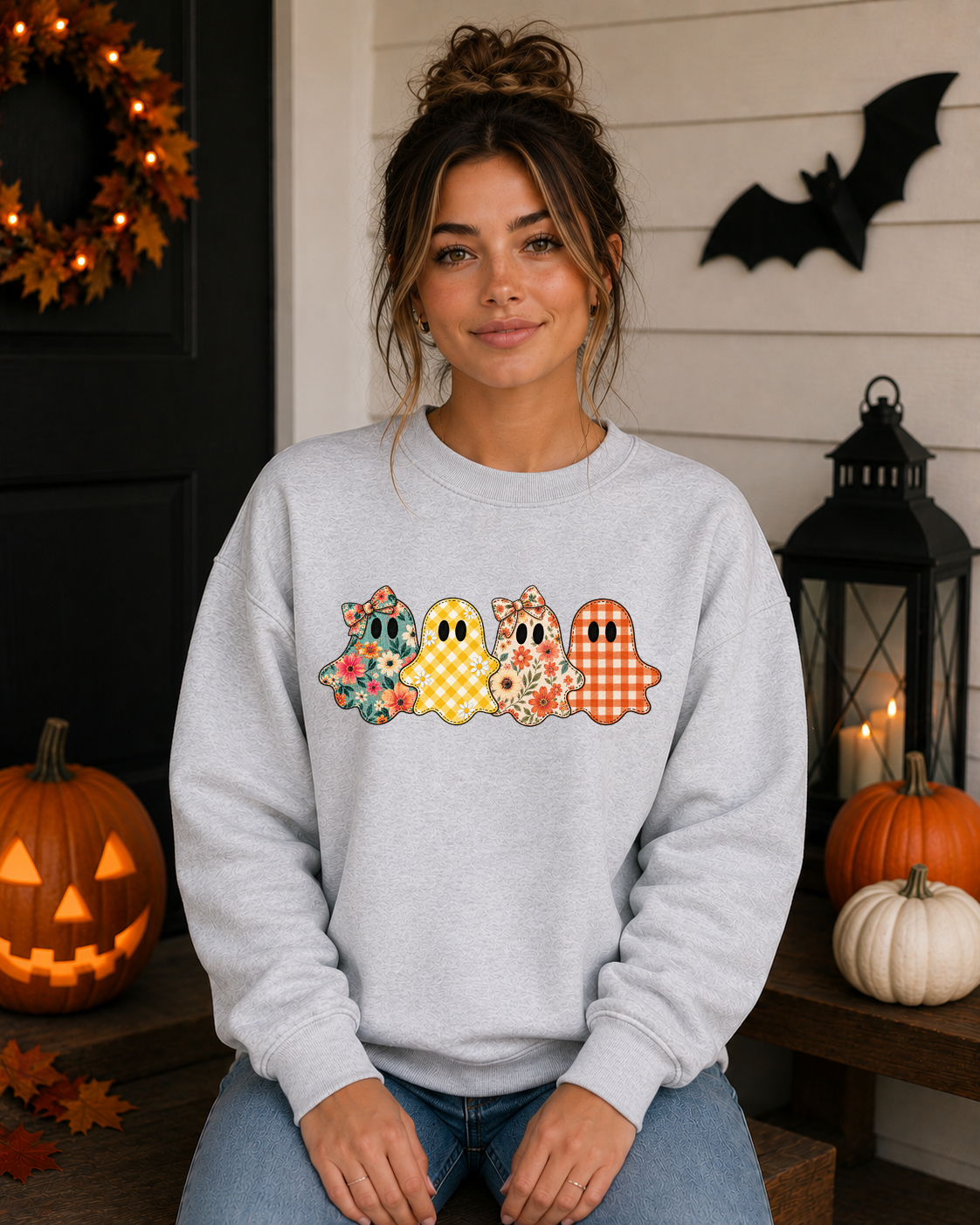 Patchwork Ghosts Gildan Sweatshirt – Cute Floral & Gingham Halloween Ghost Crewneck, Girly Spooky Season Fall Sweatshirt