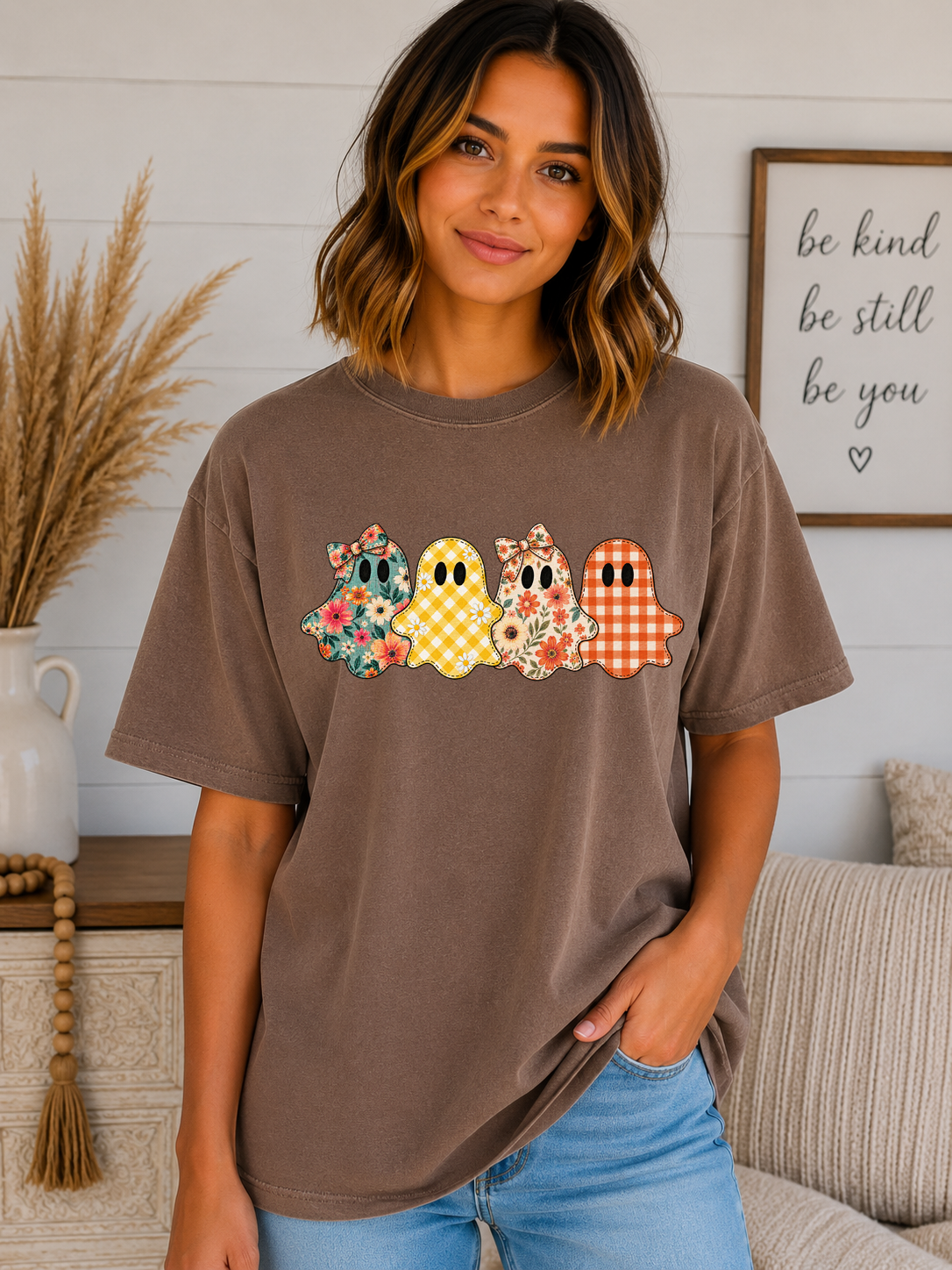 Patchwork Ghosts Comfort Colors T-Shirt – Cute Floral & Gingham Halloween Ghost Tee, Girly Spooky Season Fall Shirt, Vintage Halloween Graphic Tee