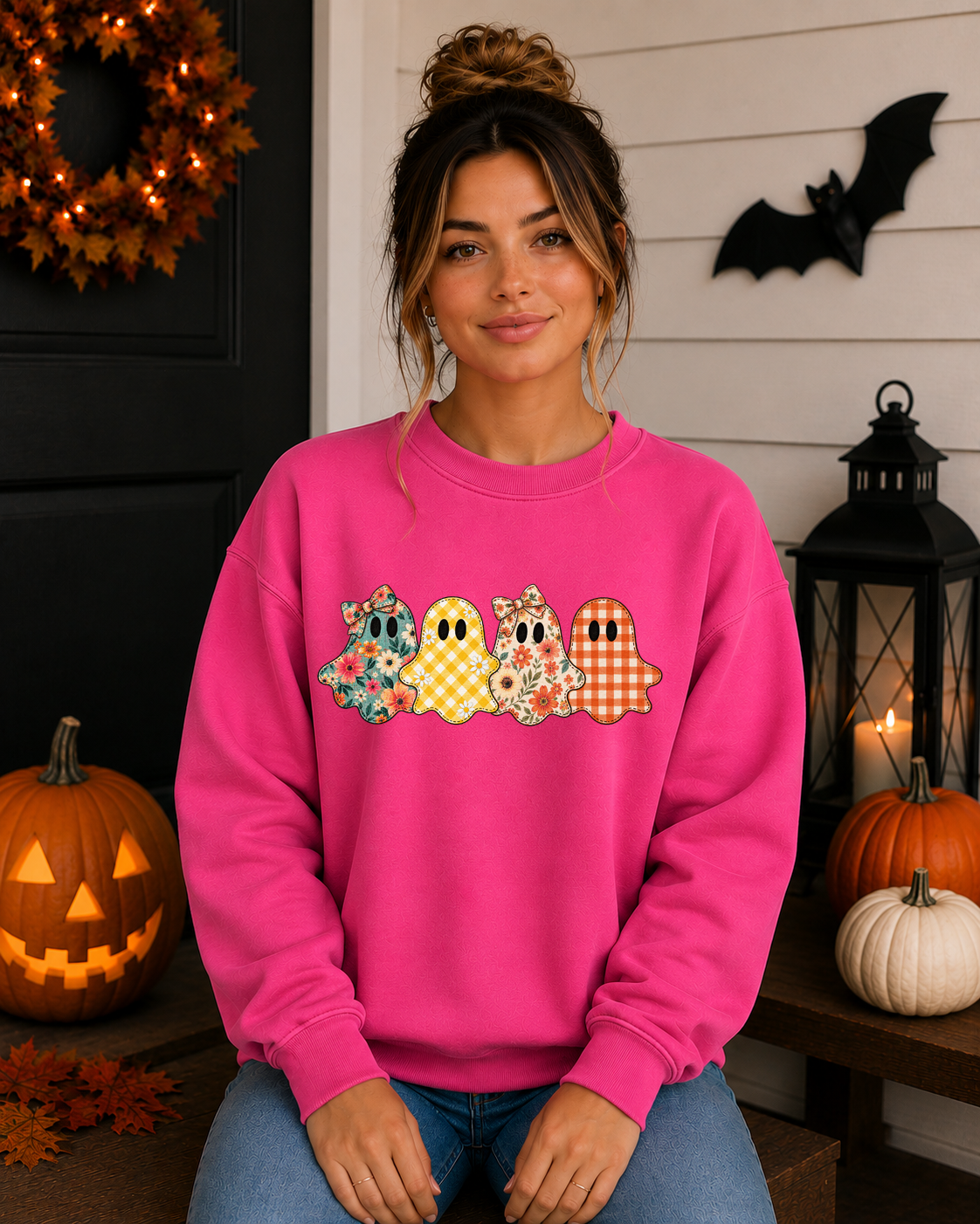 Patchwork Ghosts Gildan Sweatshirt – Cute Floral & Gingham Halloween Ghost Crewneck, Girly Spooky Season Fall Sweatshirt