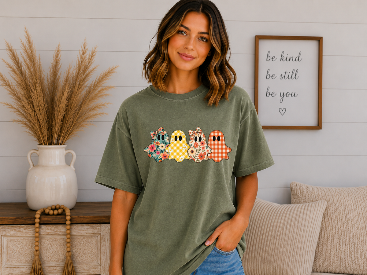 Patchwork Ghosts Comfort Colors T-Shirt – Cute Floral & Gingham Halloween Ghost Tee, Girly Spooky Season Fall Shirt, Vintage Halloween Graphic Tee