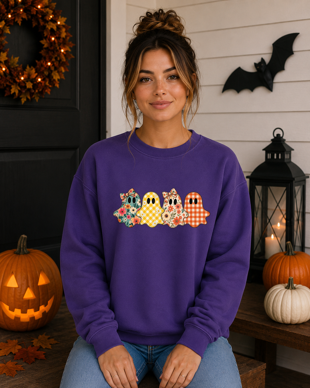Patchwork Ghosts Gildan Sweatshirt – Cute Floral & Gingham Halloween Ghost Crewneck, Girly Spooky Season Fall Sweatshirt