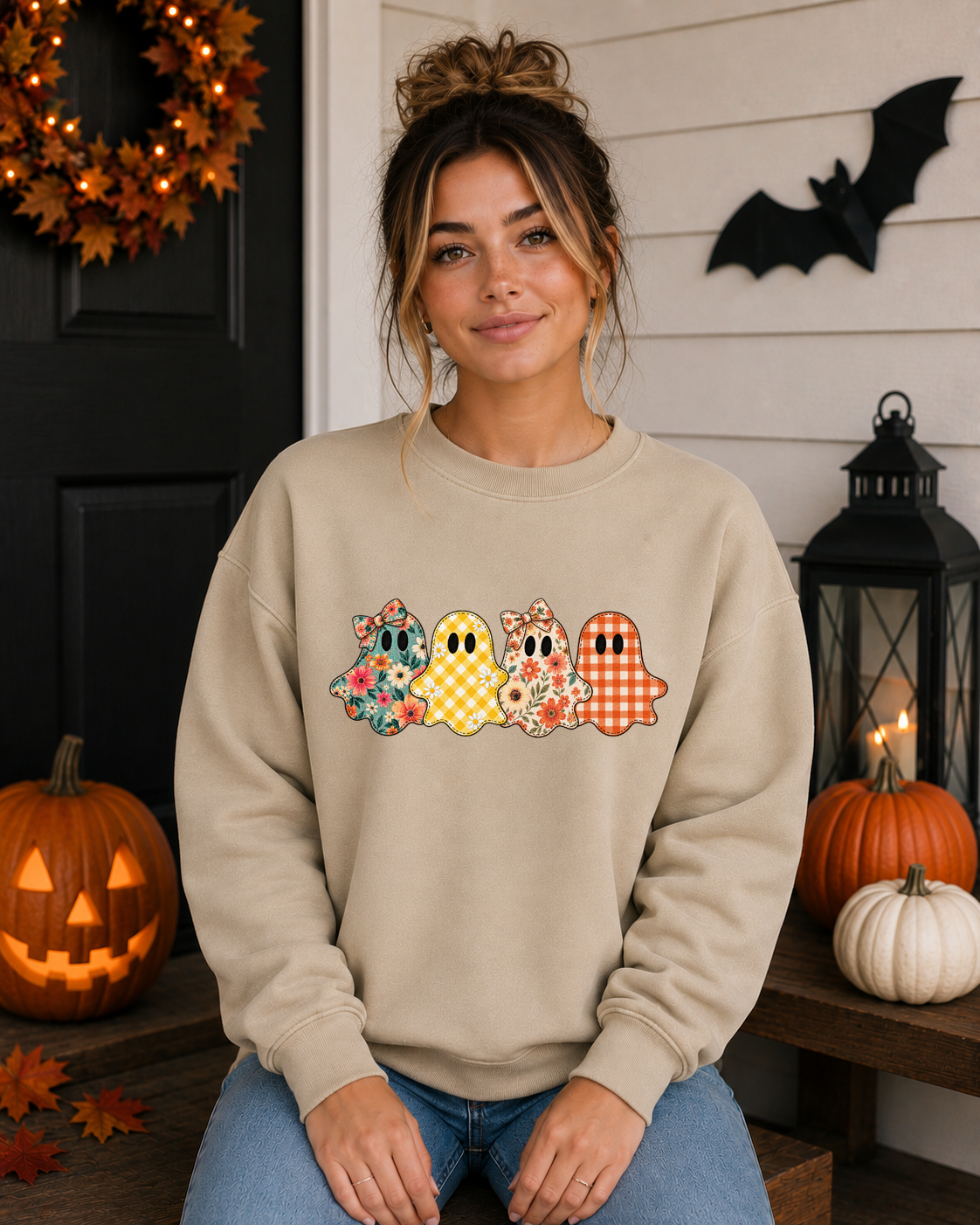 Patchwork Ghosts Gildan Sweatshirt – Cute Floral & Gingham Halloween Ghost Crewneck, Girly Spooky Season Fall Sweatshirt