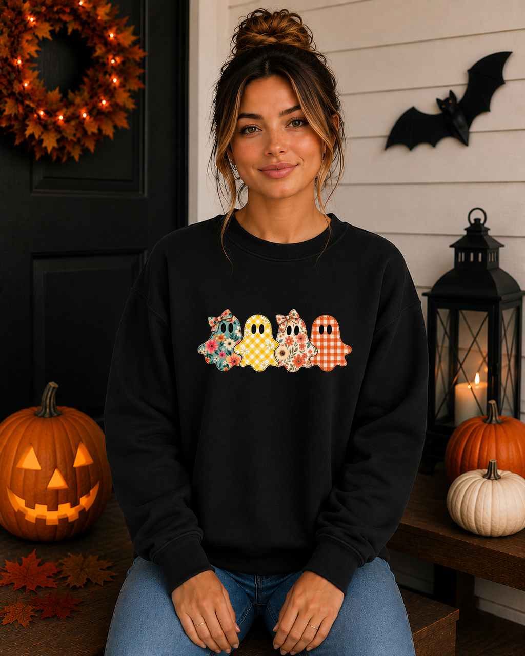 Patchwork Ghosts Gildan Sweatshirt – Cute Floral & Gingham Halloween Ghost Crewneck, Girly Spooky Season Fall Sweatshirt