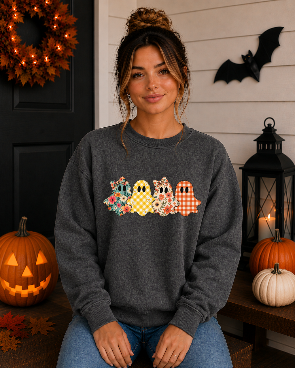 Patchwork Ghosts Gildan Sweatshirt – Cute Floral & Gingham Halloween Ghost Crewneck, Girly Spooky Season Fall Sweatshirt
