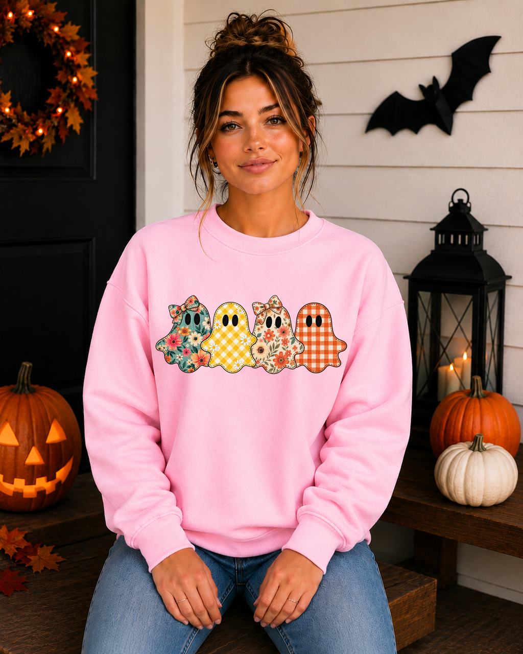 Patchwork Ghosts Gildan Sweatshirt – Cute Floral & Gingham Halloween Ghost Crewneck, Girly Spooky Season Fall Sweatshirt