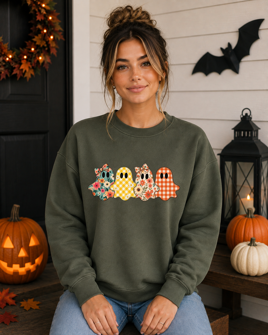 Patchwork Ghosts Gildan Sweatshirt – Cute Floral & Gingham Halloween Ghost Crewneck, Girly Spooky Season Fall Sweatshirt