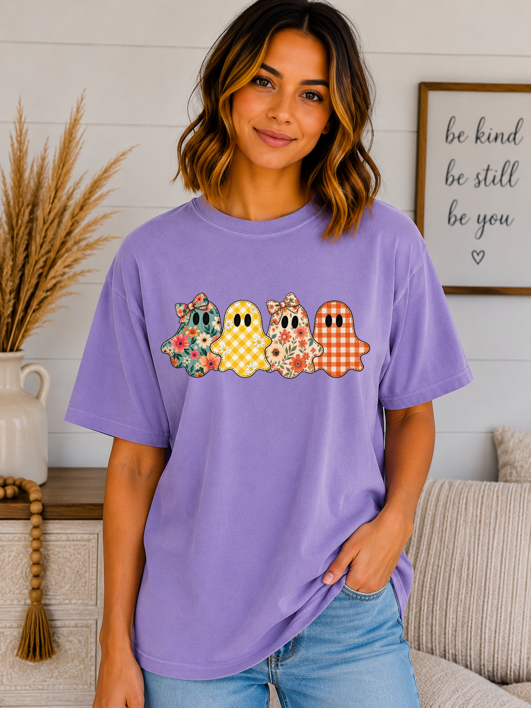 Patchwork Ghosts Comfort Colors T-Shirt – Cute Floral & Gingham Halloween Ghost Tee, Girly Spooky Season Fall Shirt, Vintage Halloween Graphic Tee