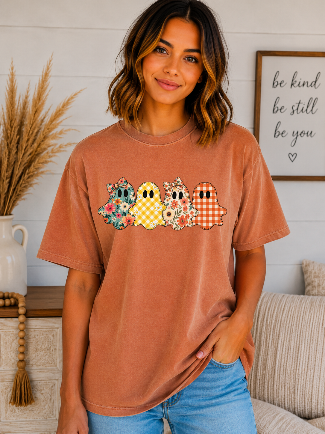 Patchwork Ghosts Comfort Colors T-Shirt – Cute Floral & Gingham Halloween Ghost Tee, Girly Spooky Season Fall Shirt, Vintage Halloween Graphic Tee