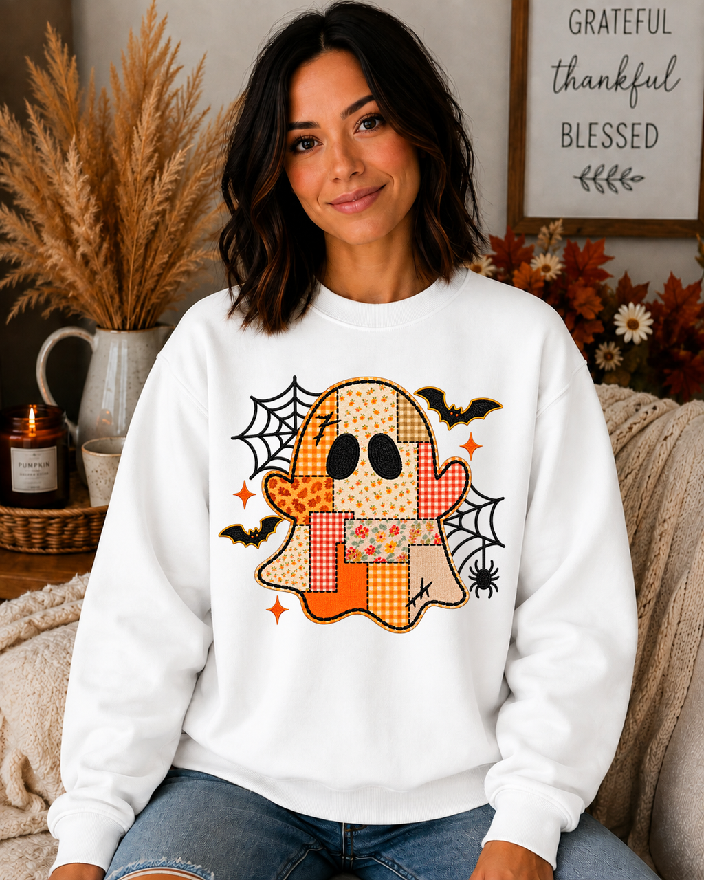 Patchwork Ghost Gildan Sweatshirt | Cute Halloween Ghost Graphic Crewneck | Spooky Fall Floral & Plaid Sweatshirt