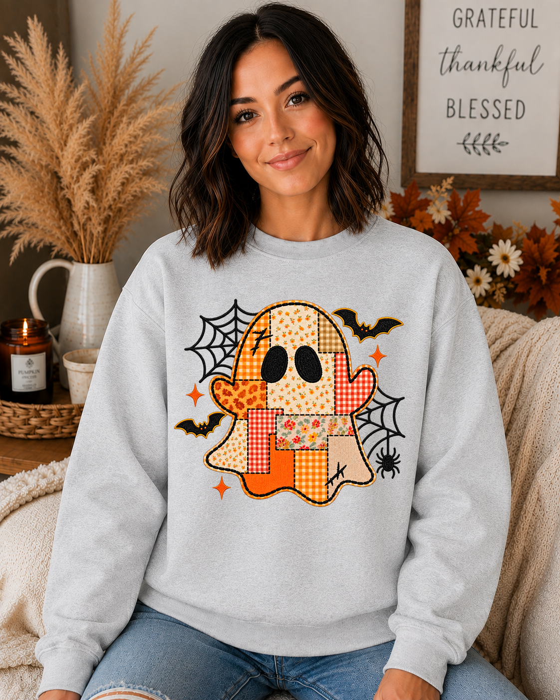 Patchwork Ghost Gildan Sweatshirt | Cute Halloween Ghost Graphic Crewneck | Spooky Fall Floral & Plaid Sweatshirt