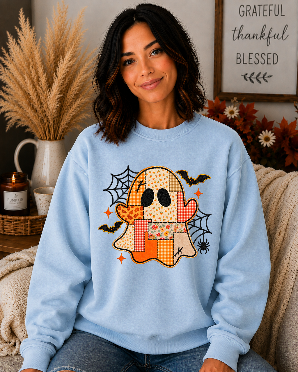 Patchwork Ghost Gildan Sweatshirt | Cute Halloween Ghost Graphic Crewneck | Spooky Fall Floral & Plaid Sweatshirt