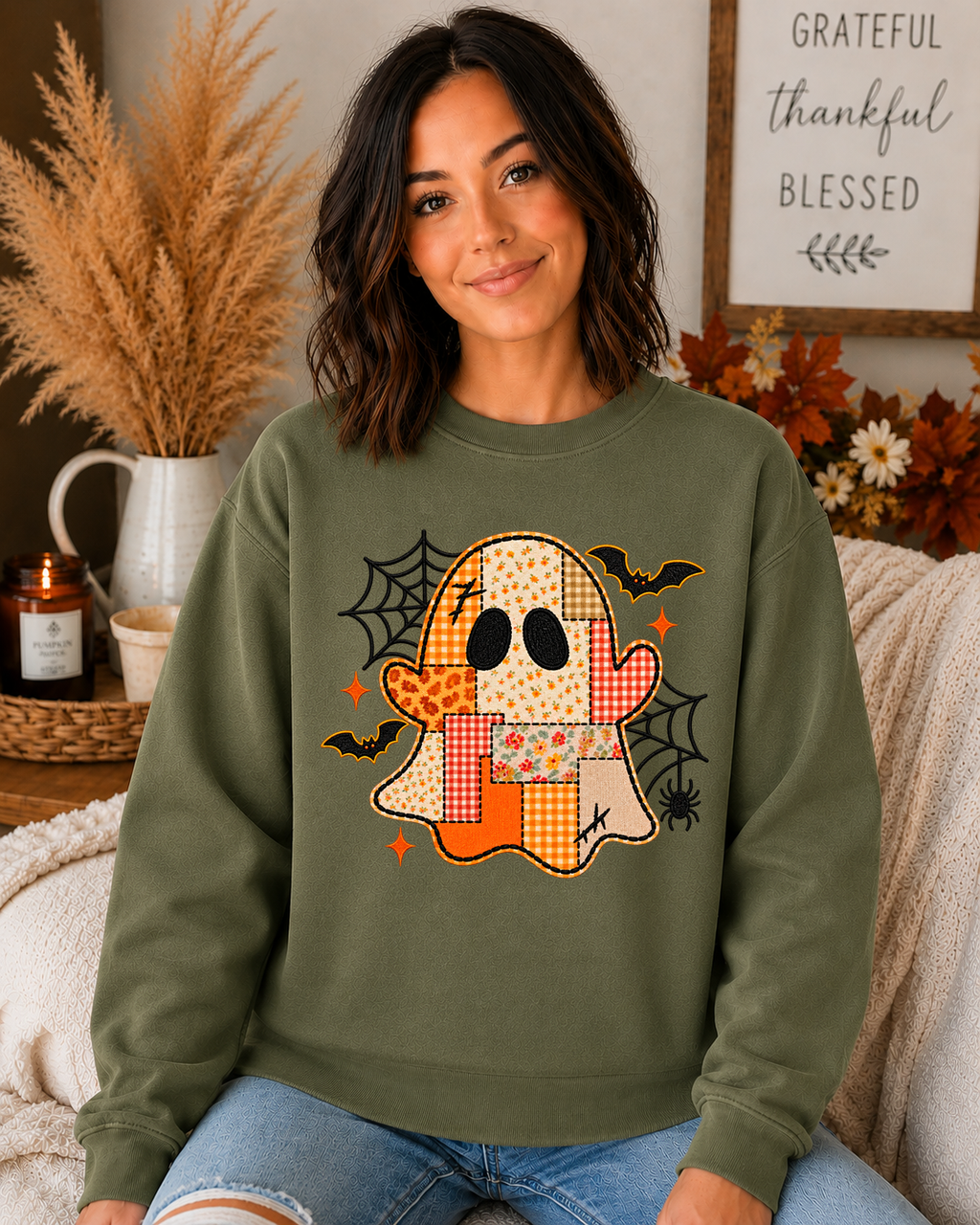 Patchwork Ghost Gildan Sweatshirt | Cute Halloween Ghost Graphic Crewneck | Spooky Fall Floral & Plaid Sweatshirt