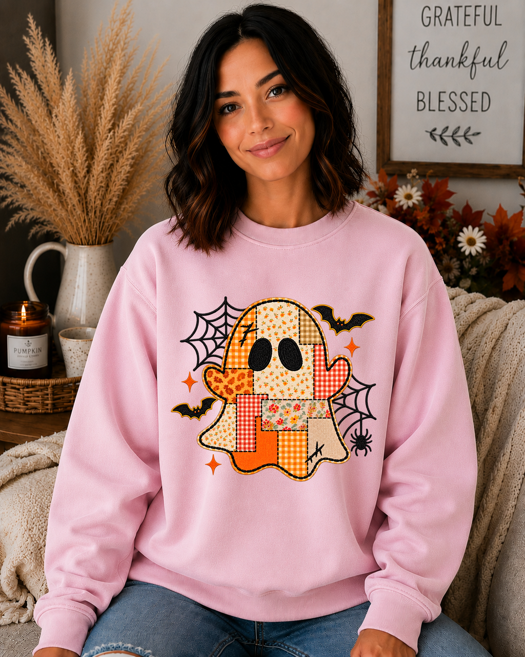 Patchwork Ghost Gildan Sweatshirt | Cute Halloween Ghost Graphic Crewneck | Spooky Fall Floral & Plaid Sweatshirt
