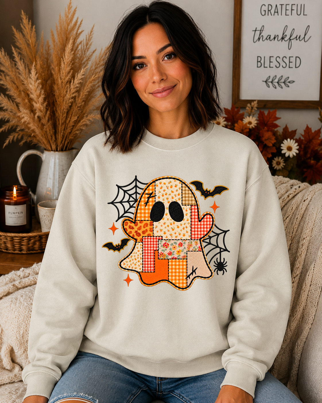 Patchwork Ghost Gildan Sweatshirt | Cute Halloween Ghost Graphic Crewneck | Spooky Fall Floral & Plaid Sweatshirt