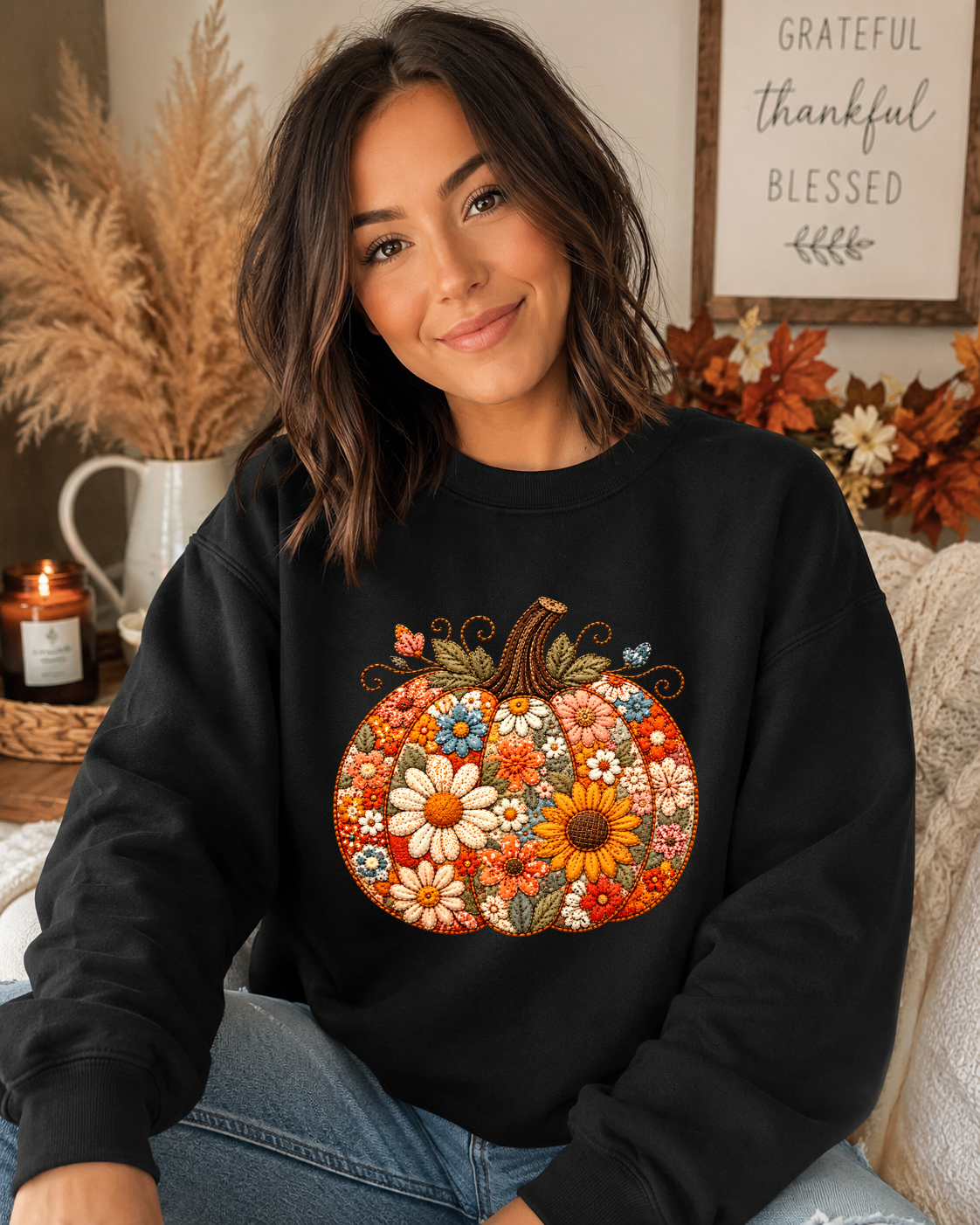 Floral Pumpkin Gildan Sweatshirt | Cute Fall Pumpkin Graphic Crewneck | Boho Autumn Flower Sweatshirt
