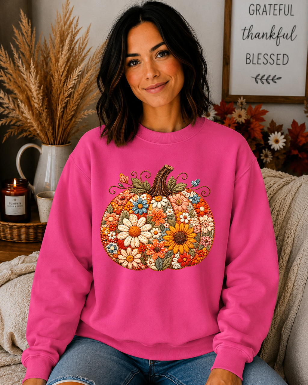 Floral Pumpkin Gildan Sweatshirt | Cute Fall Pumpkin Graphic Crewneck | Boho Autumn Flower Sweatshirt