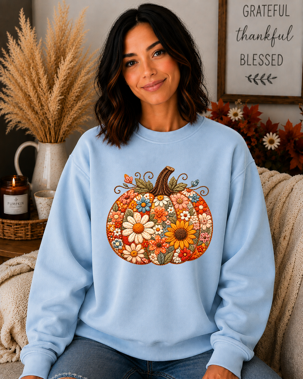 Floral Pumpkin Gildan Sweatshirt | Cute Fall Pumpkin Graphic Crewneck | Boho Autumn Flower Sweatshirt