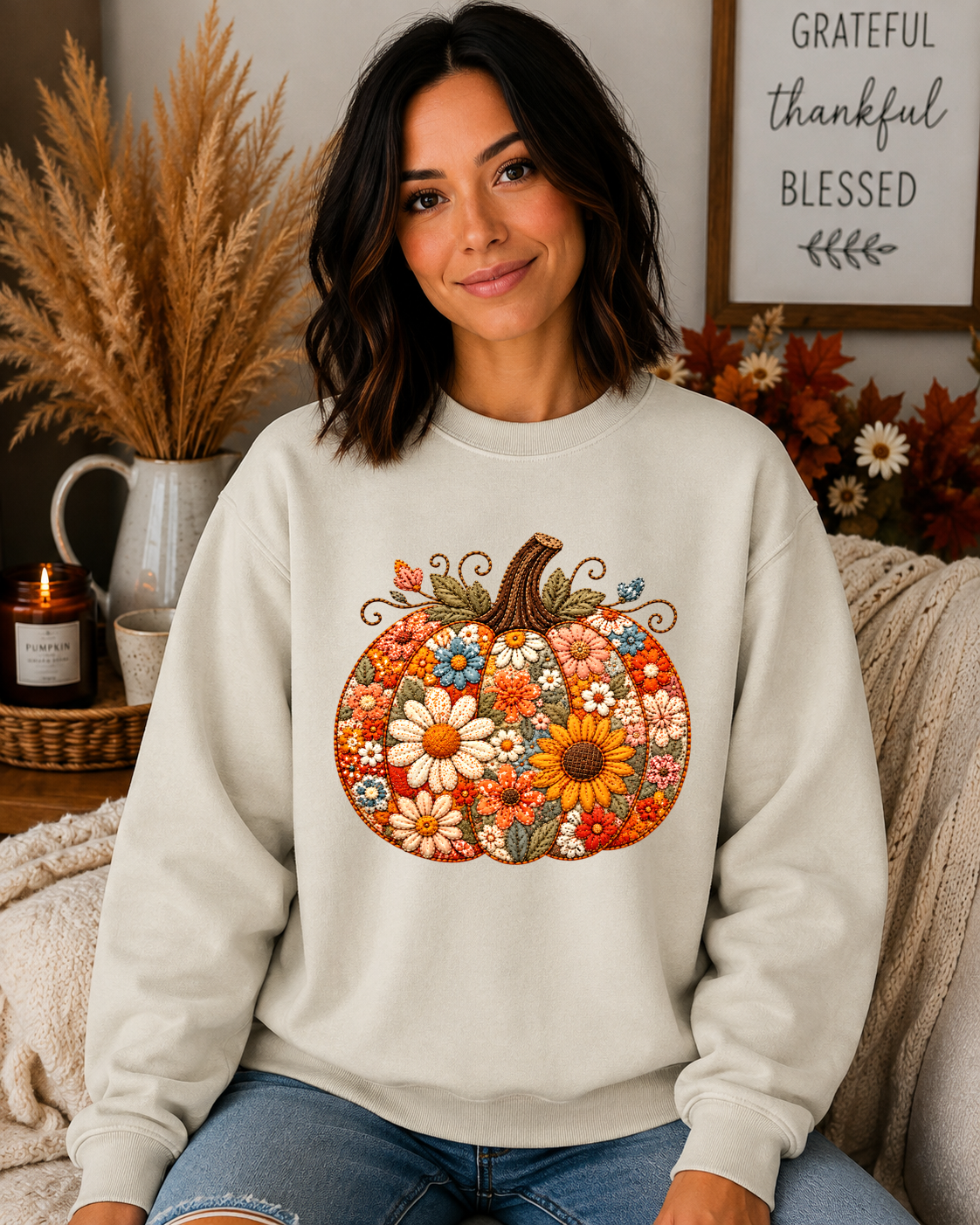 Floral Pumpkin Gildan Sweatshirt | Cute Fall Pumpkin Graphic Crewneck | Boho Autumn Flower Sweatshirt