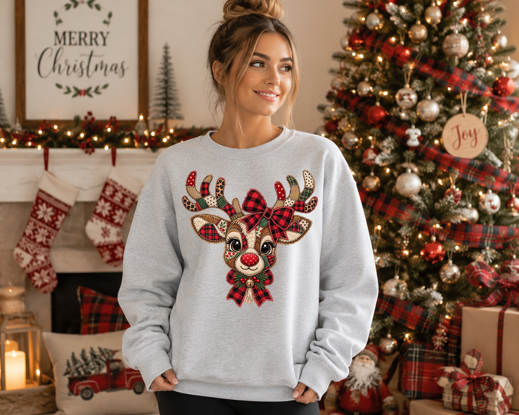 Patchwork Reindeer Gildan Sweatshirt – Cute Christmas Reindeer Crewneck, Plaid Rudolph Holiday Sweatshirt, Cozy Christmas Graphic Sweater