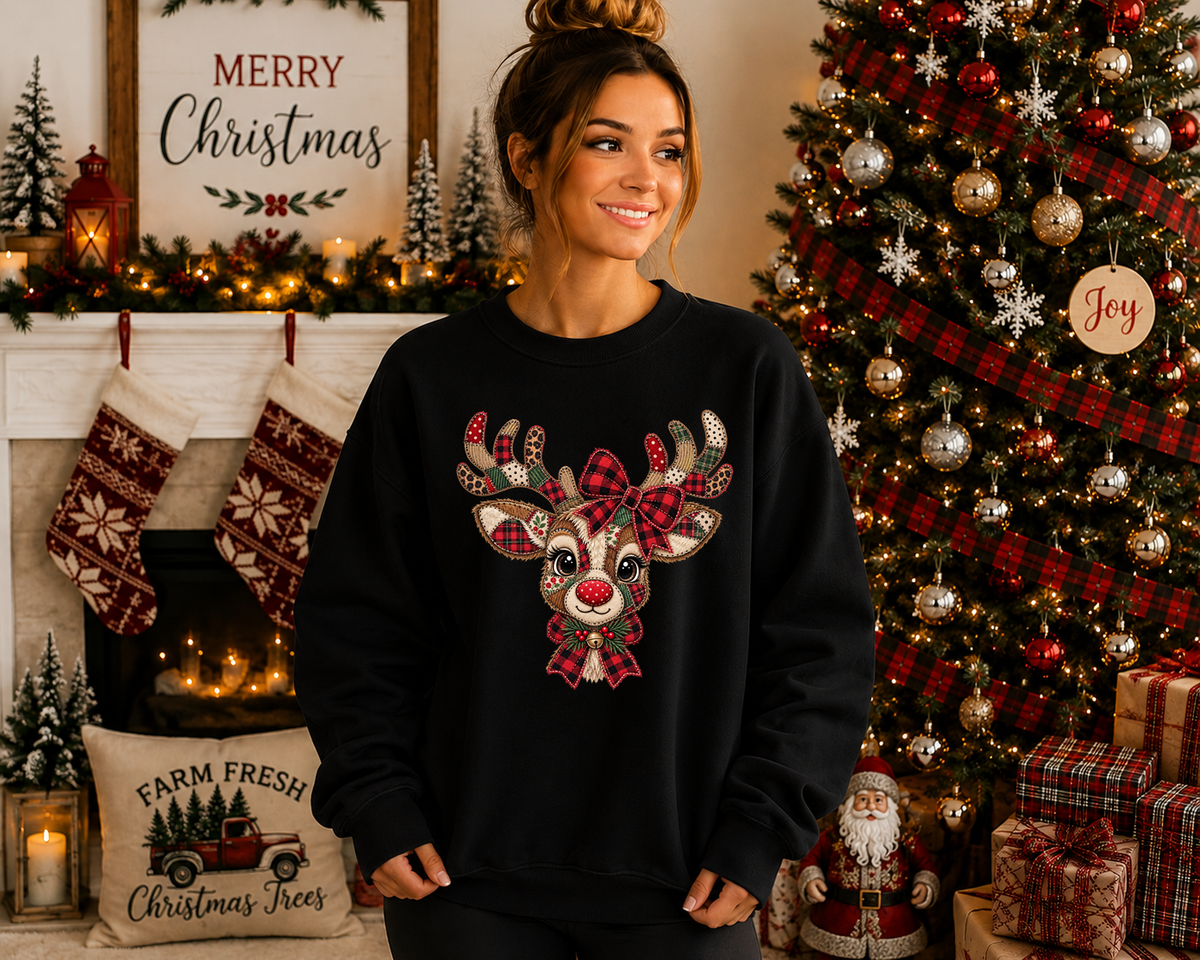 Patchwork Reindeer Gildan Sweatshirt – Cute Christmas Reindeer Crewneck, Plaid Rudolph Holiday Sweatshirt, Cozy Christmas Graphic Sweater