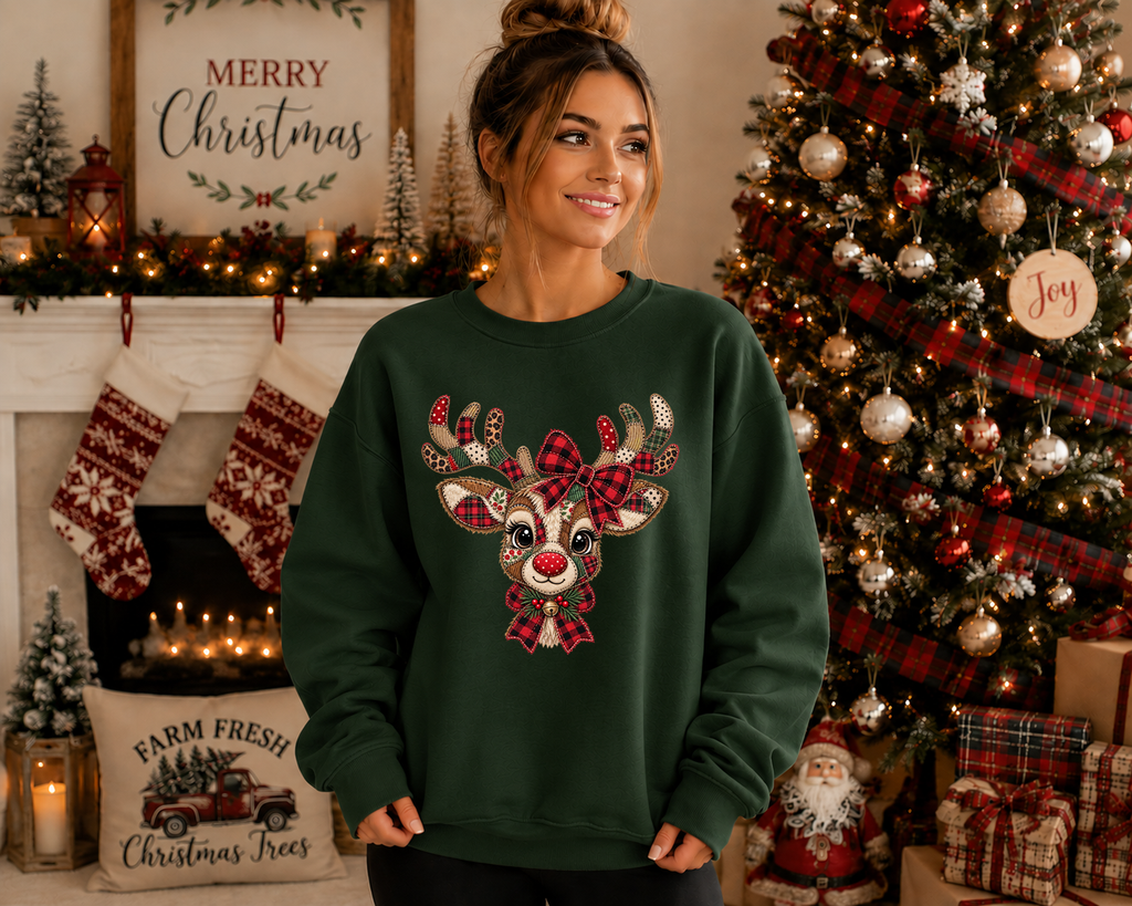 Patchwork Reindeer Gildan Sweatshirt – Cute Christmas Reindeer Crewneck, Plaid Rudolph Holiday Sweatshirt, Cozy Christmas Graphic Sweater