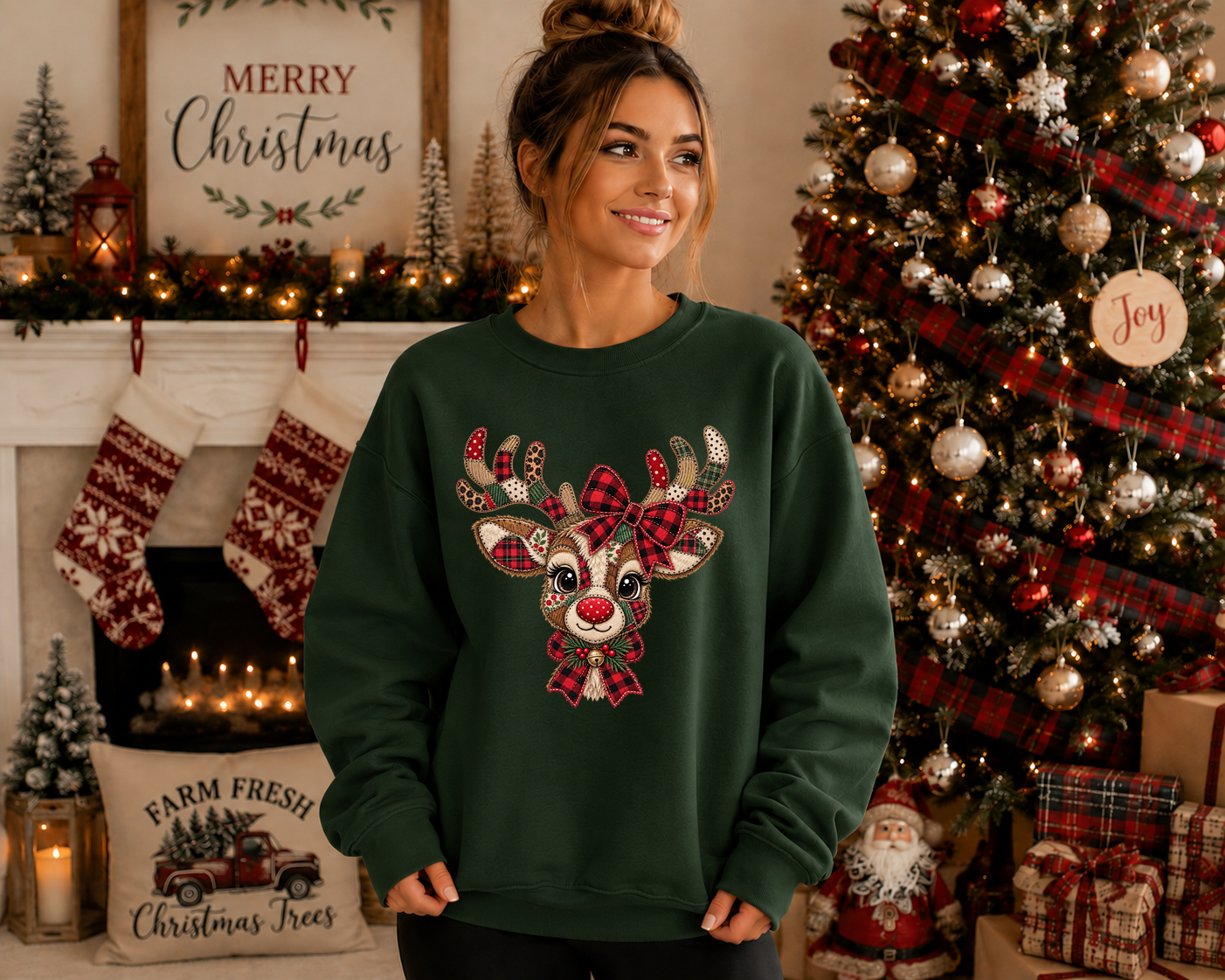 Patchwork Reindeer Gildan Sweatshirt – Cute Christmas Reindeer Crewneck, Plaid Rudolph Holiday Sweatshirt, Cozy Christmas Graphic Sweater