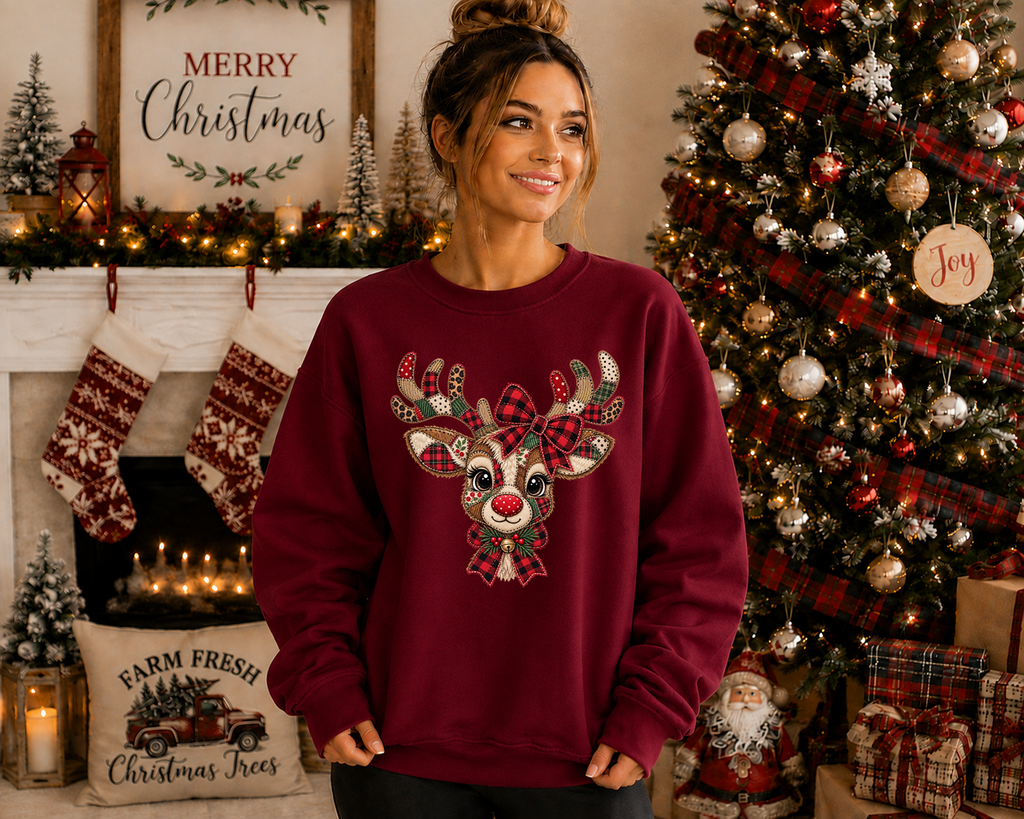 Patchwork Reindeer Gildan Sweatshirt – Cute Christmas Reindeer Crewneck, Plaid Rudolph Holiday Sweatshirt, Cozy Christmas Graphic Sweater