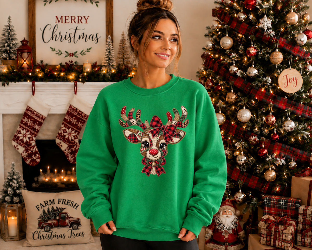 Patchwork Reindeer Gildan Sweatshirt – Cute Christmas Reindeer Crewneck, Plaid Rudolph Holiday Sweatshirt, Cozy Christmas Graphic Sweater